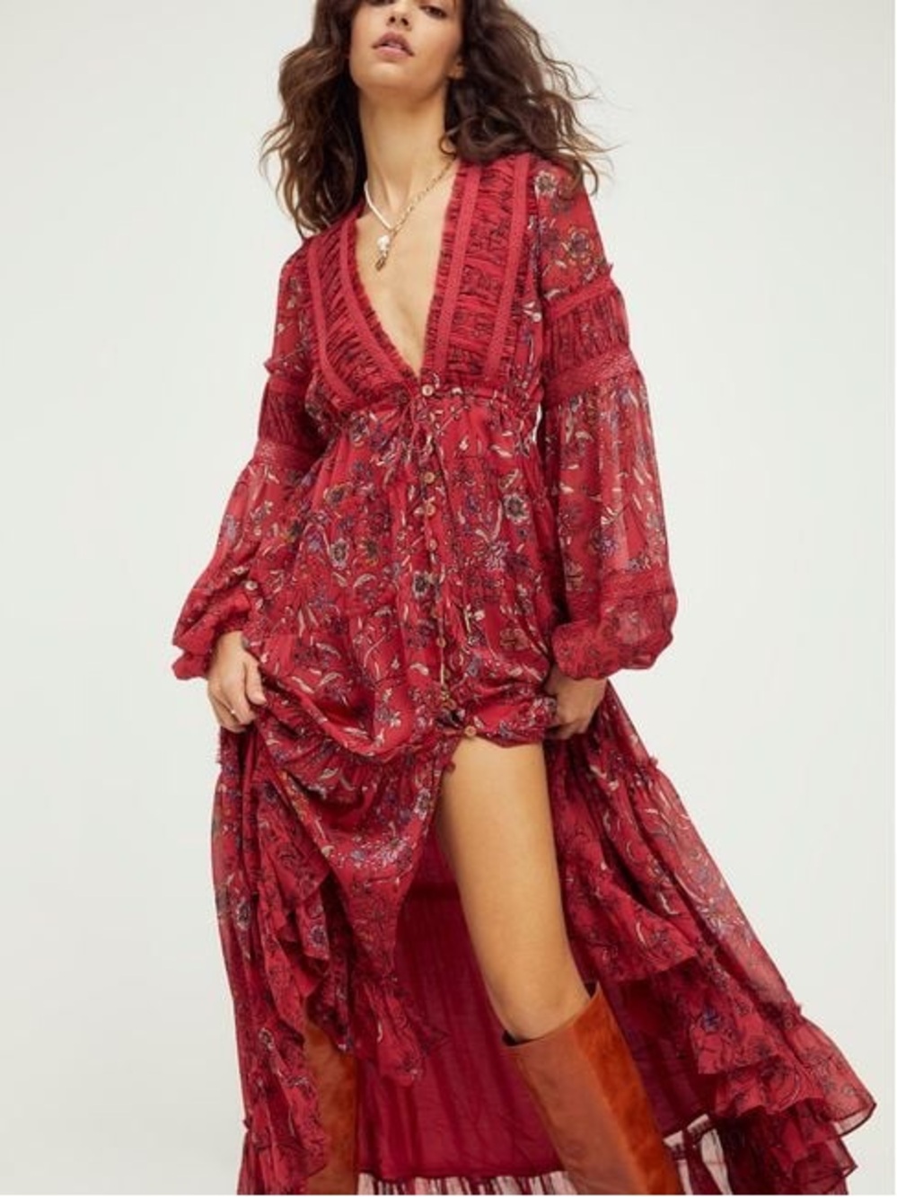 NWT Free People “Cassis” Boho Red Floral Tiered Maxi Dress with Tie Waist - Picture 2 of 14